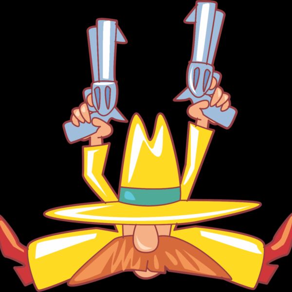 Yellow cartoon cowboy sitting doing splitz with two guns Thumbnail